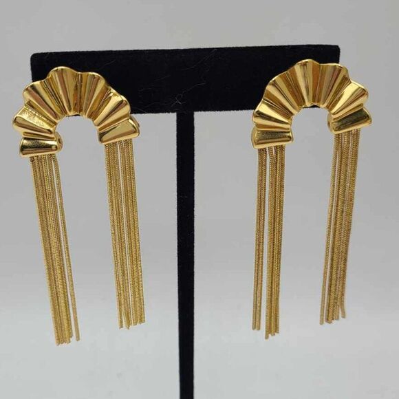 J Crew 3" Sculpted Gold Tone Fan Fringe Earrings NWOT! - Picture 1 of 8